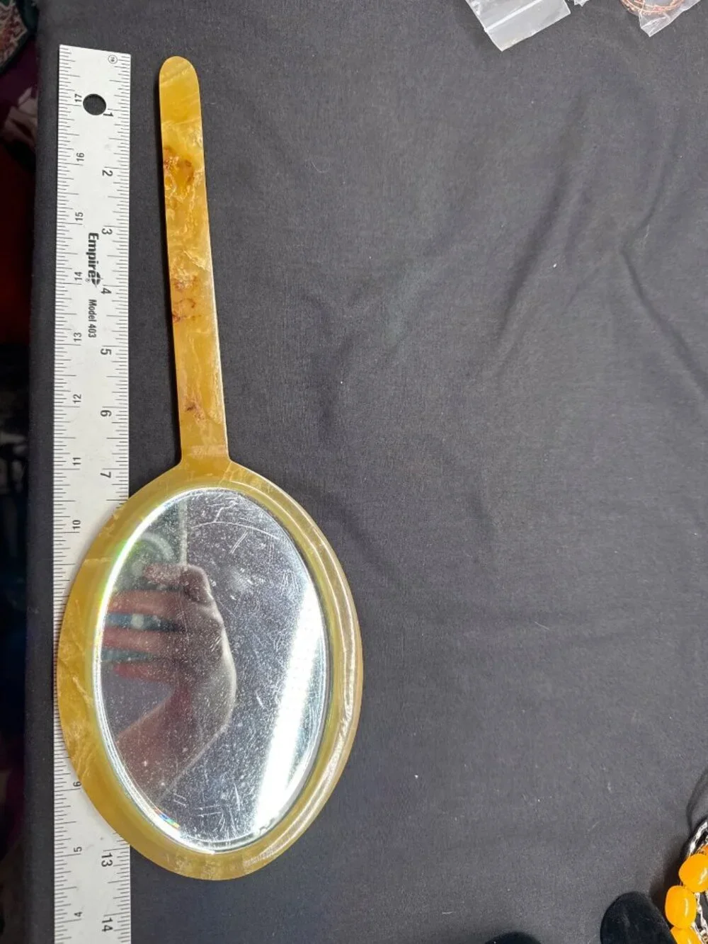 Vintage Art Deco Tortoiseshell Bakelite Hand Mirror Marbled Yellow Handle And Ov